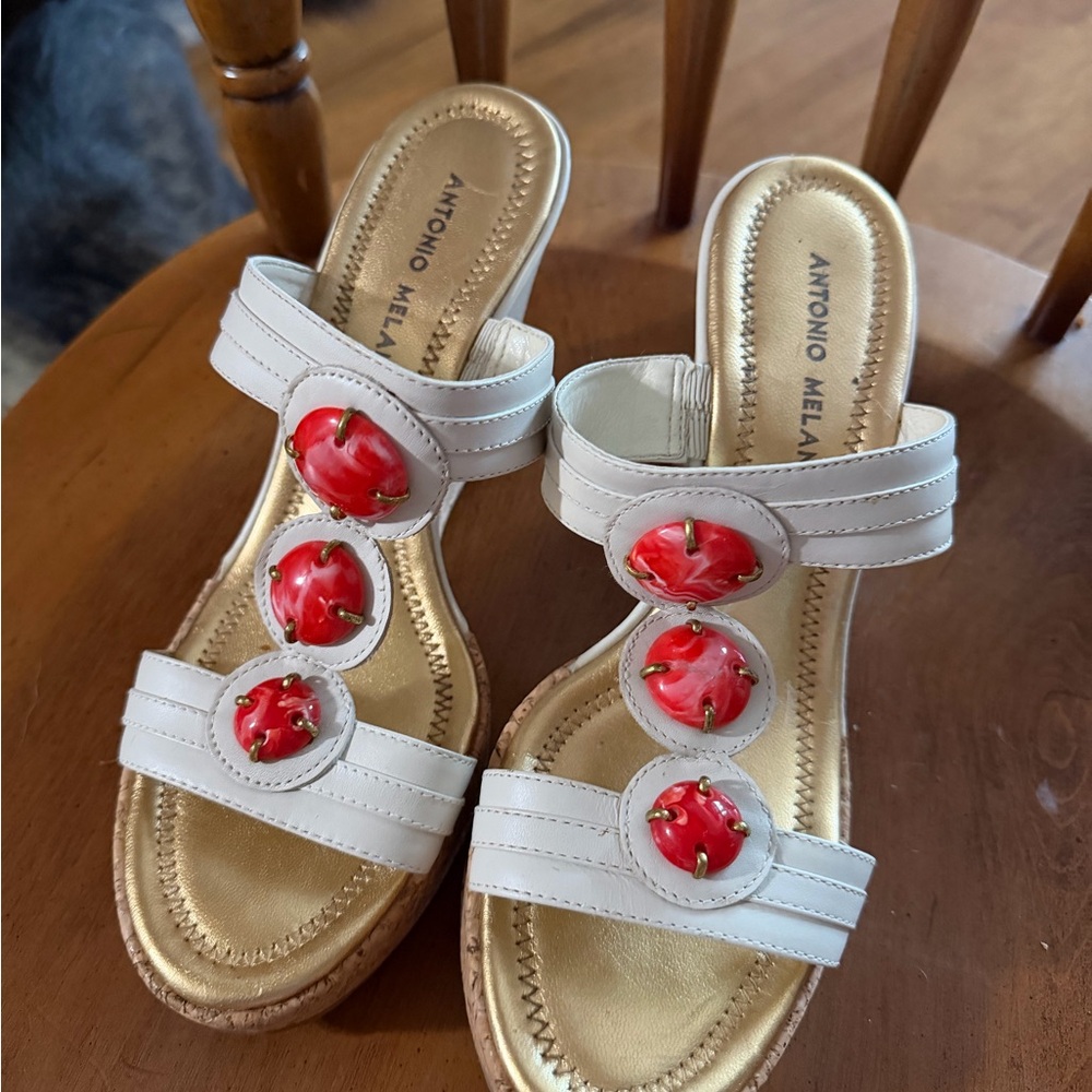 Antonio Melani White Leather Slide Sandals with Coral colored Accent Buttons